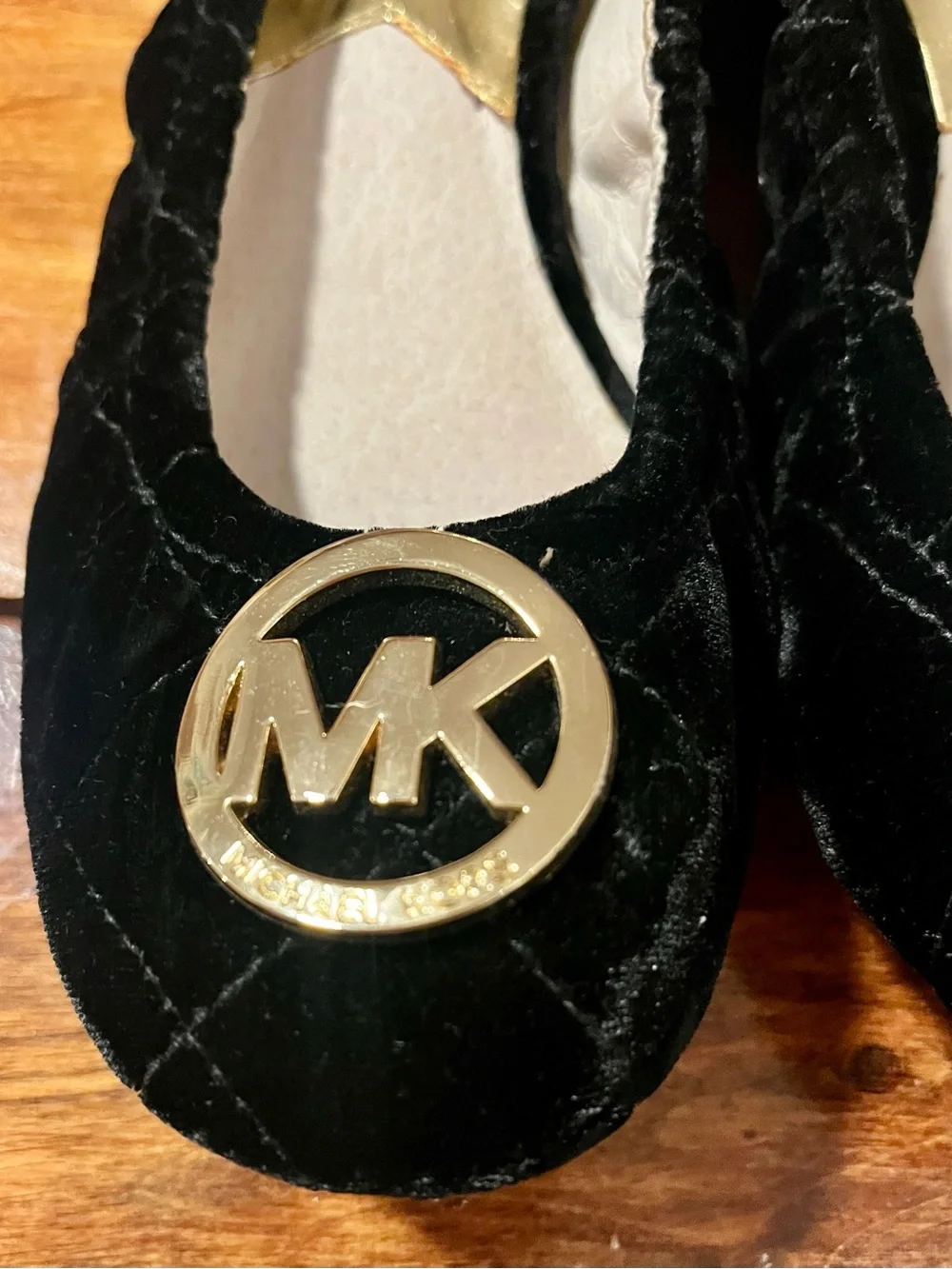 Michael Kors Black Velvet Ballet Flats with Gold MK Emblems Sz 7M